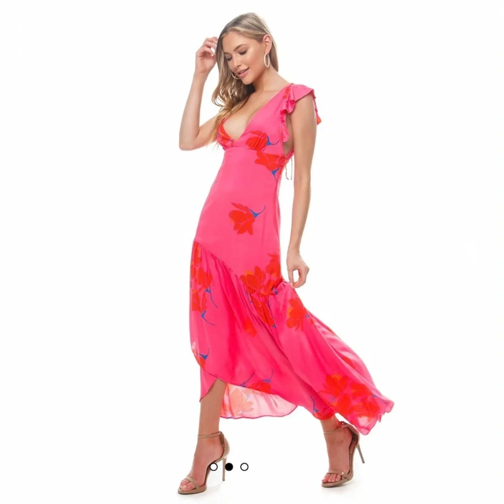 Free People She's a Waterfall Hot Pink Floral Print Ruffled Maxi Dress Size 6